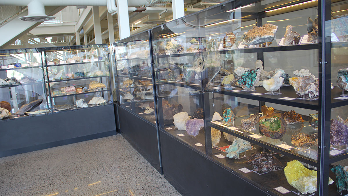A case of minerals and crystals that are on display at the San Juan College School of Energy Dugan Museum