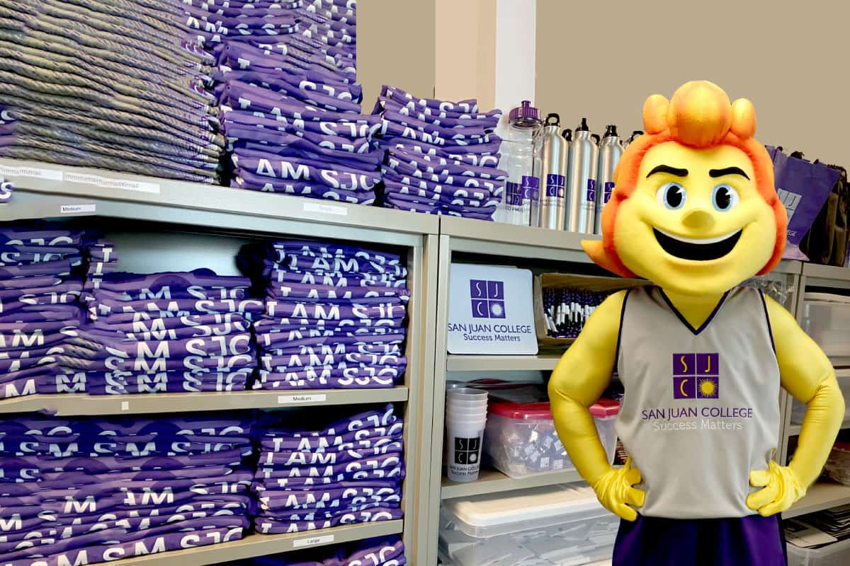 SJC's Sun Mascot Blaze is hanging out in the Marketing and Public Relations department