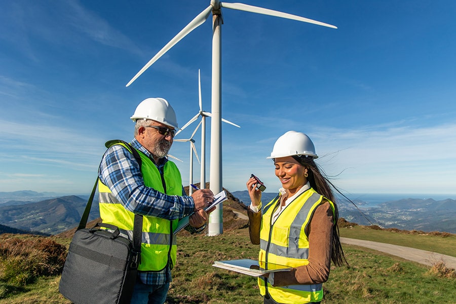 Wind energy professionals working on wind turbines enjoying their renewable energy career.