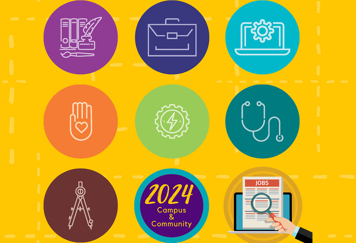 Yellow background with variety of tiles with icons of books, brief case, laptop, health hand, gear, stethoscope, 2024 Campus & Community and Resume