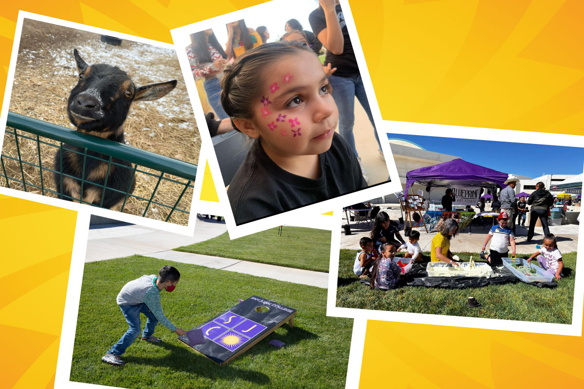 Yellow background with titles showing a small goat, a small girl with p[ink flowers painted on her cheek, a group of kids playing in sand sensory tables, and a boy tossing a bean bag playing cornhole.