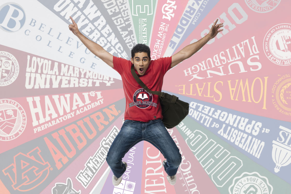 Man jumping with his backpack on with a variety of colleges behind him: New Mexico State, AU Auburn, Hawaii Preparatory Academy, Loyola Marymount University, Bellevue College, Lawrence University, University of Rhode Island, Eastern New Mexico University, The University of New Mexico, Ohio, Suny Plattsburgh, Iowa State, University of Illinois at Springfield, Ohio University, San Juan College