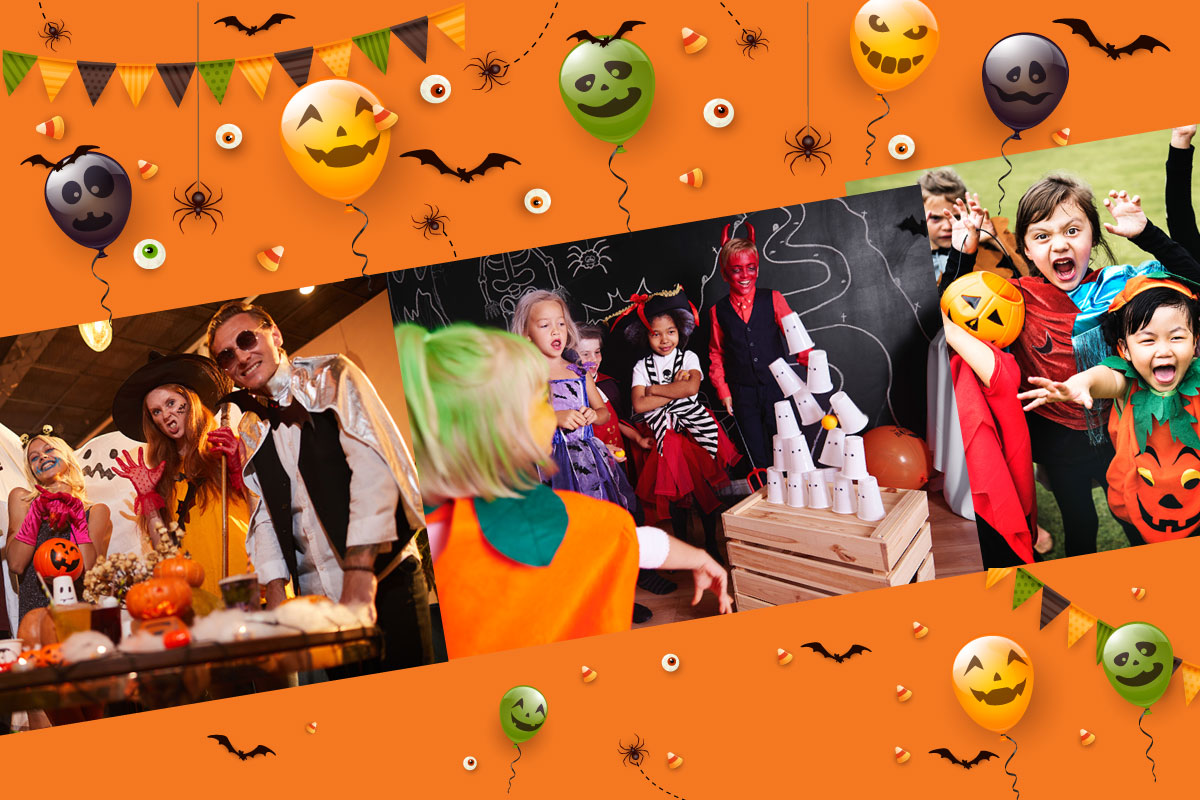 Orange background with halloween streamers, ghoul balloons, bats and spiders. Three photos across the middle. Left: adults in cat, witch and vampire costumes. Middle: kids in various costumes tossing a ball at a cup tower falling down. Right: Kids in costumes making a roar faces.