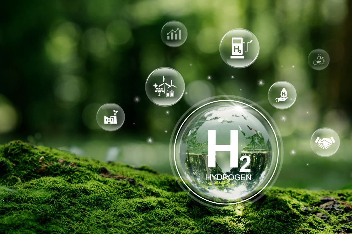 Green mossy background with bubbles showing a clean energy power plant, wind energy, a chart increase, H2 pump, H2 Hydrogen, H2 in a hand, H2 molecule, and shaking hands.