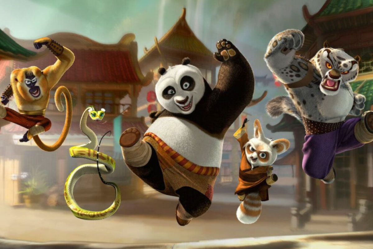 Various characters from the Kung Fu Panda movie jumping in the air