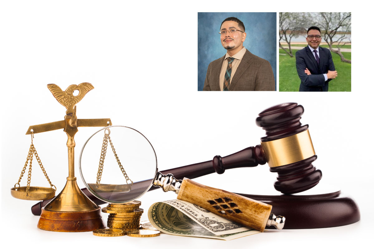 A scale with gold coins, a dollar bill folded with a gavel, T. Emiliano Aguirre and Delmar Blackhorse