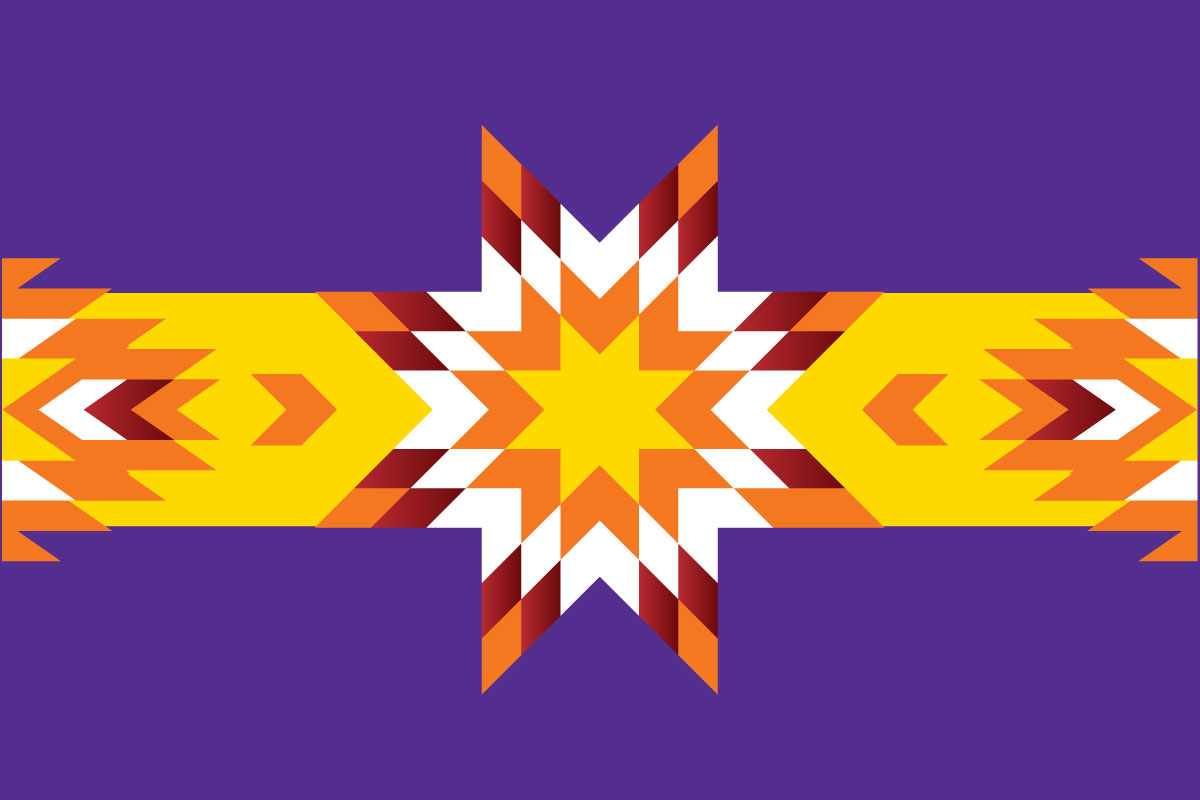 Purple background with yellow, orange and white tribal print on top.