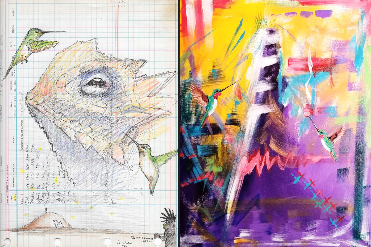 Artwork by Nathan Nez. Left: a sketch of a horny toad with a hummingbird. Right: An array of colors yellow, purple and red with a hummingbird.