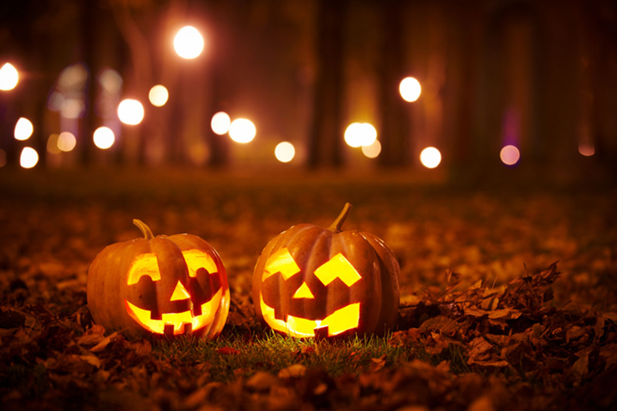 Two jack-o-lanterns with lights shining through the trees in the background.