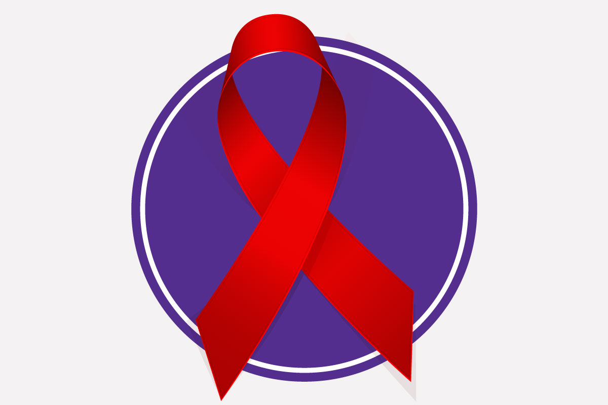 Purple circle with a red ribbon on top.