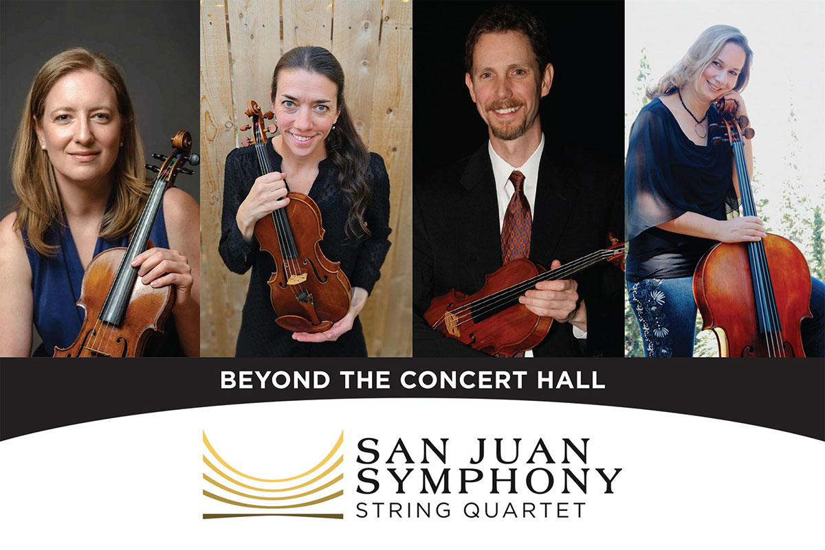 Three performers for the San Juan Symphony String Quarter with the logo of the company at the bottom