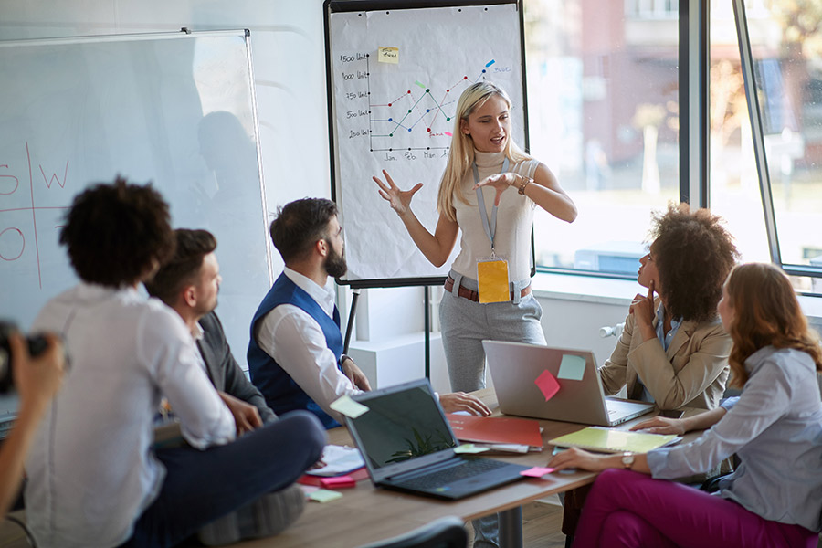 Group of professionals around a table and a women is giving a presentation in front of a white board