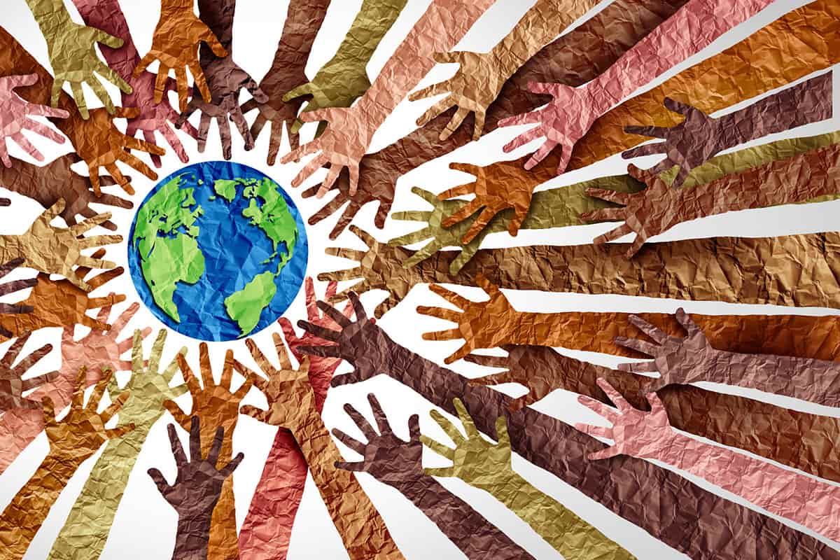 Illustration of peoples hands reaching out to help the earth